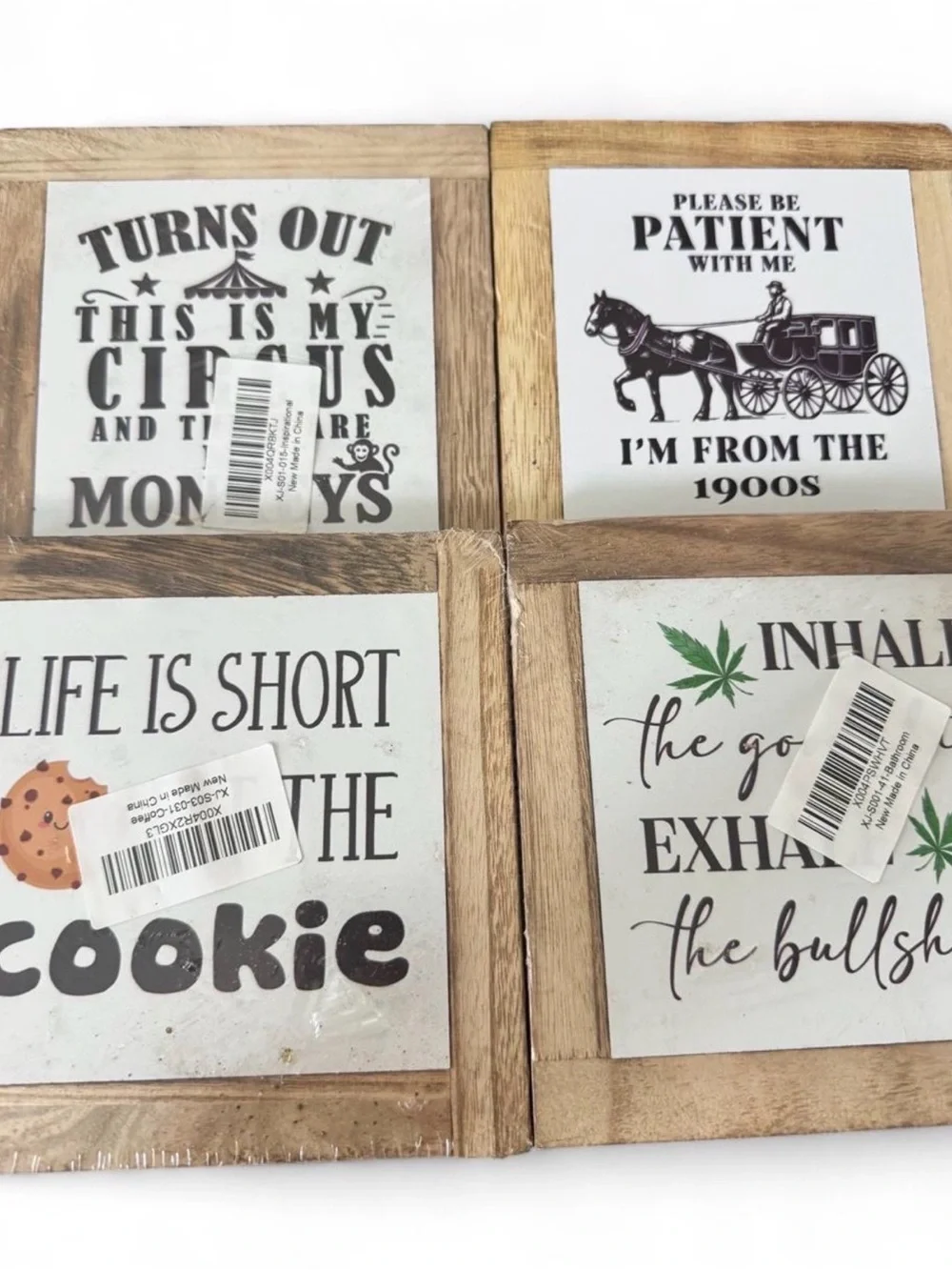 Set of 4 Wood-Framed Wall Plaque Set - Neutral Gray and Natural Wood
